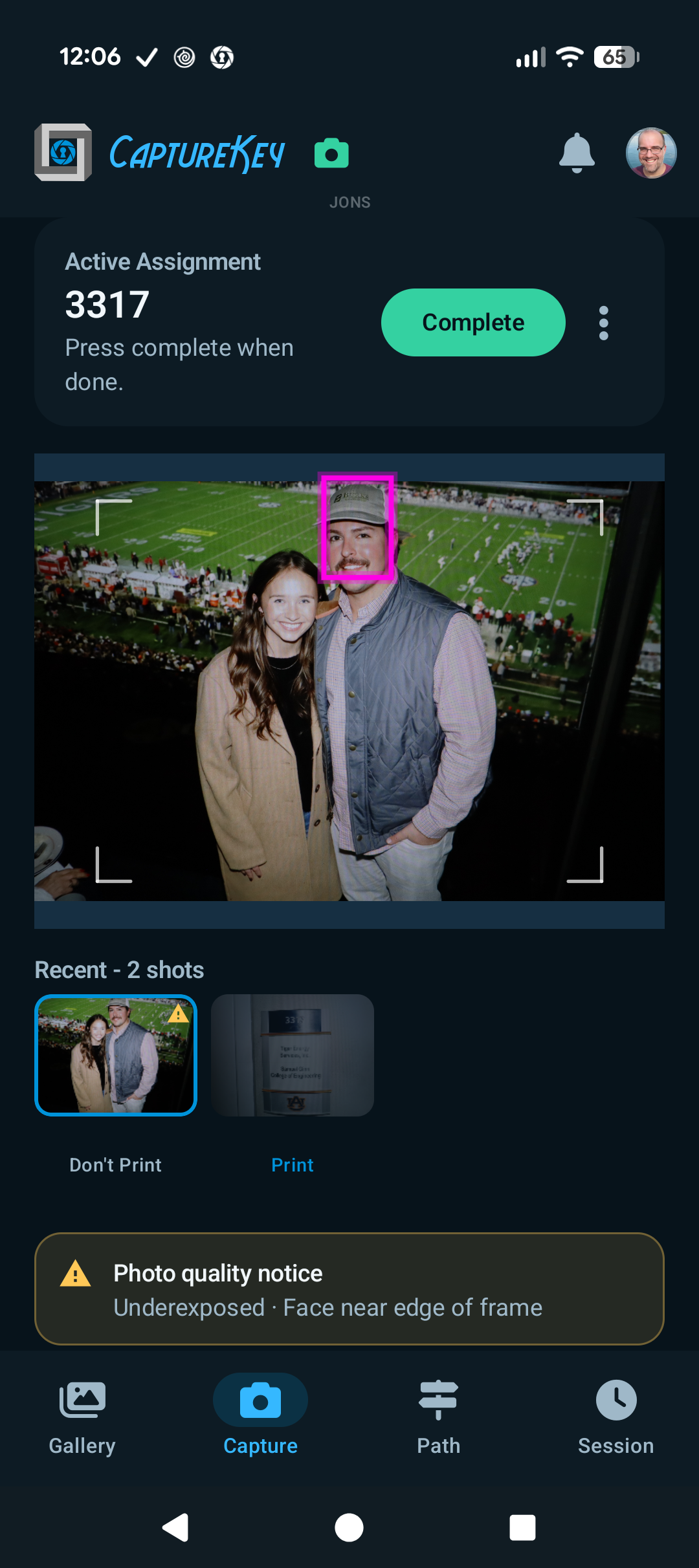 Capture tab showing an active assignment, photo preview, recent shots, and a quality notice
