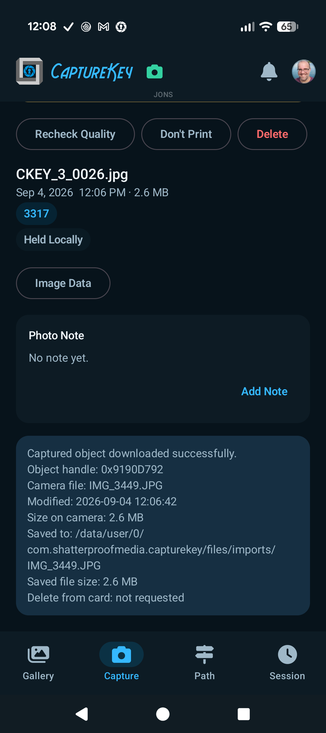 Lower Capture tab showing photo actions, assignment and upload badges, image data, and photo note