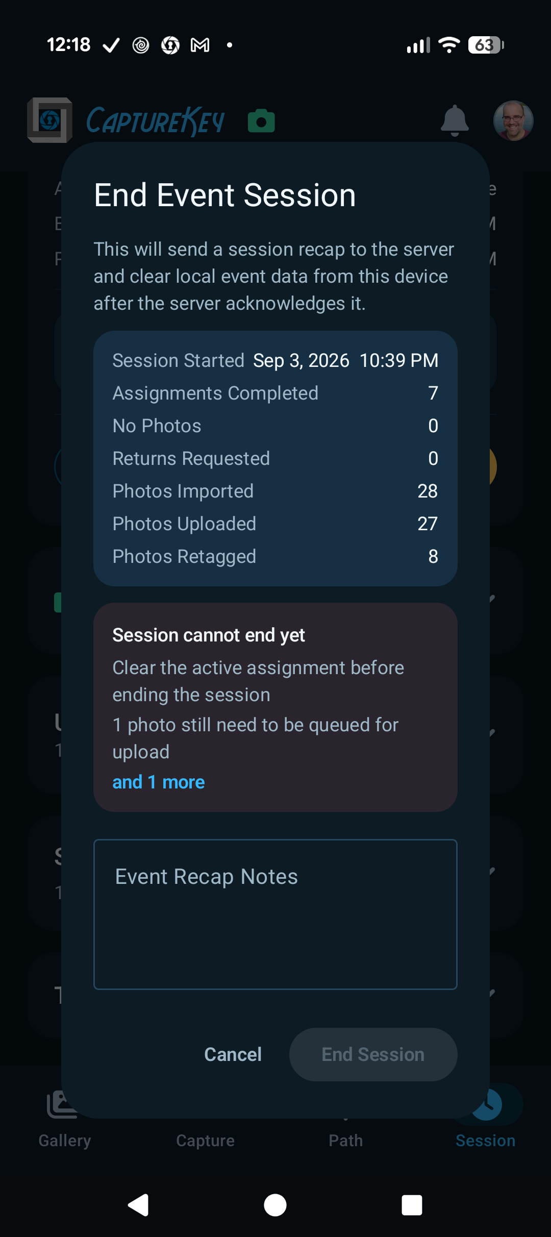 End Event Session dialog showing the session summary, readiness blockers, and recap notes