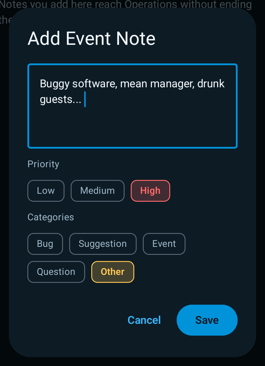 Add Event Note dialog with note text, priority, and category choices