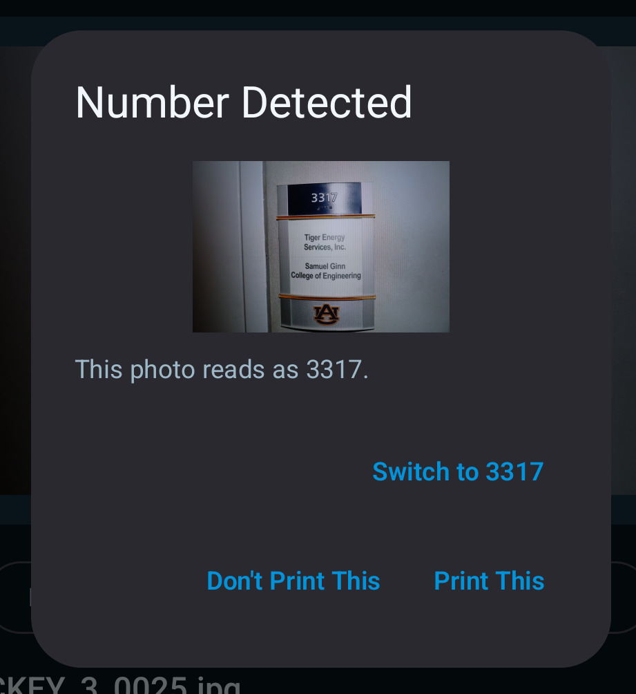 Number Detected dialog with a marker-photo preview and switch or print choices