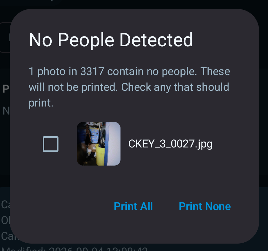 No People Detected checklist with a photo checkbox and Print All or Print None choices