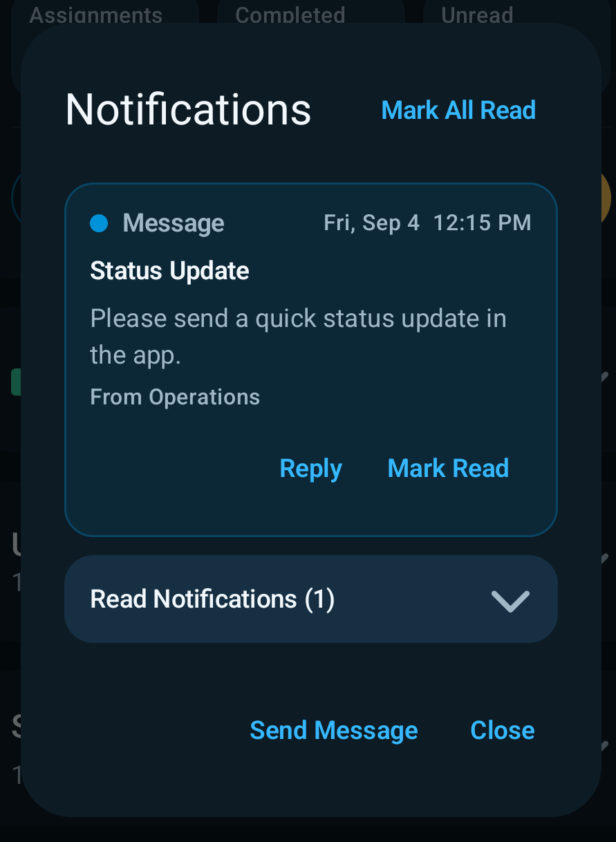 Notifications dialog with an unread message, read-notifications group, and messaging controls