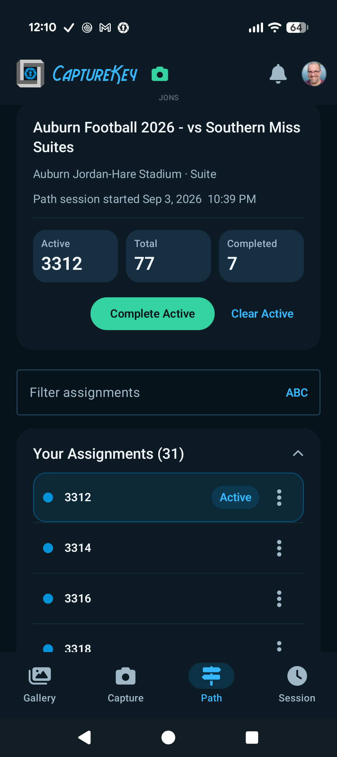 Path tab showing the session overview, assignment filter, and active assignment
