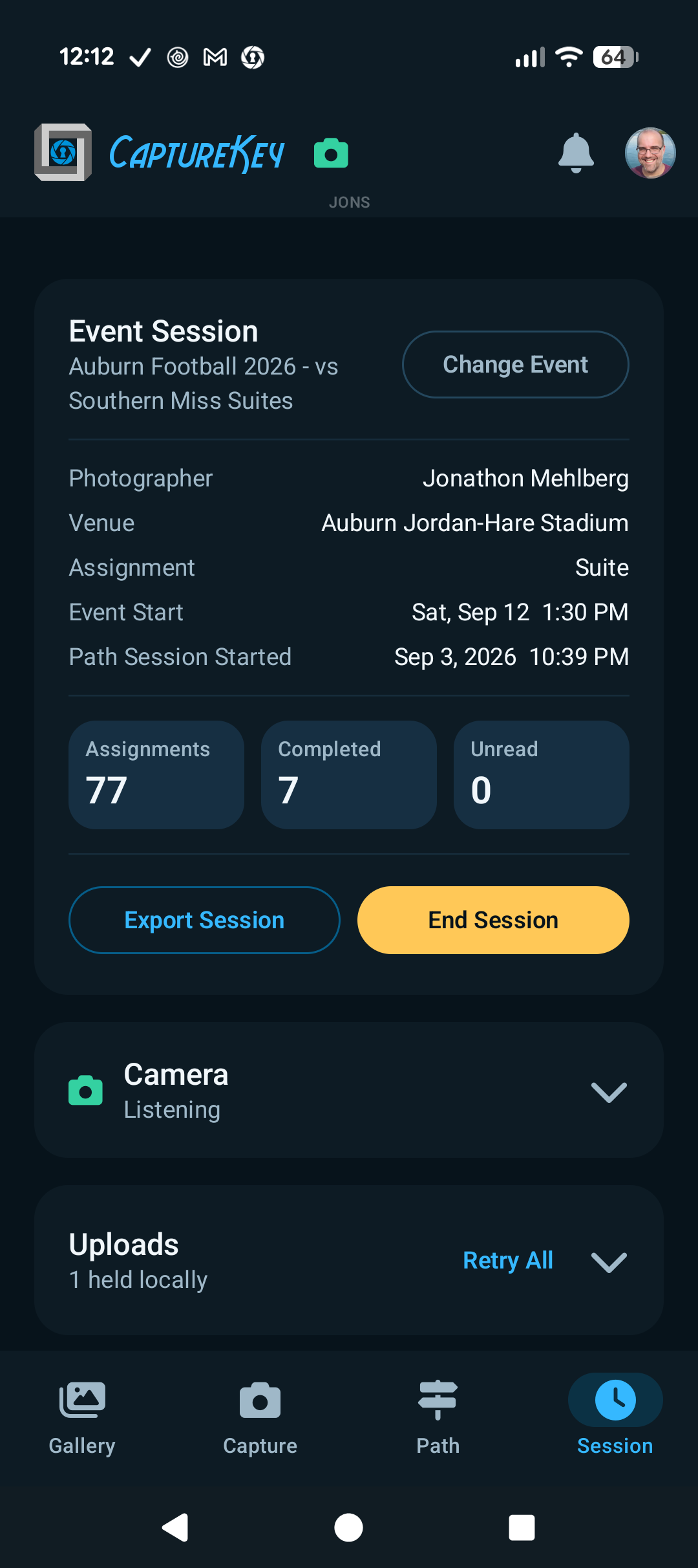 Session tab showing the Event Session, Camera, and Uploads cards