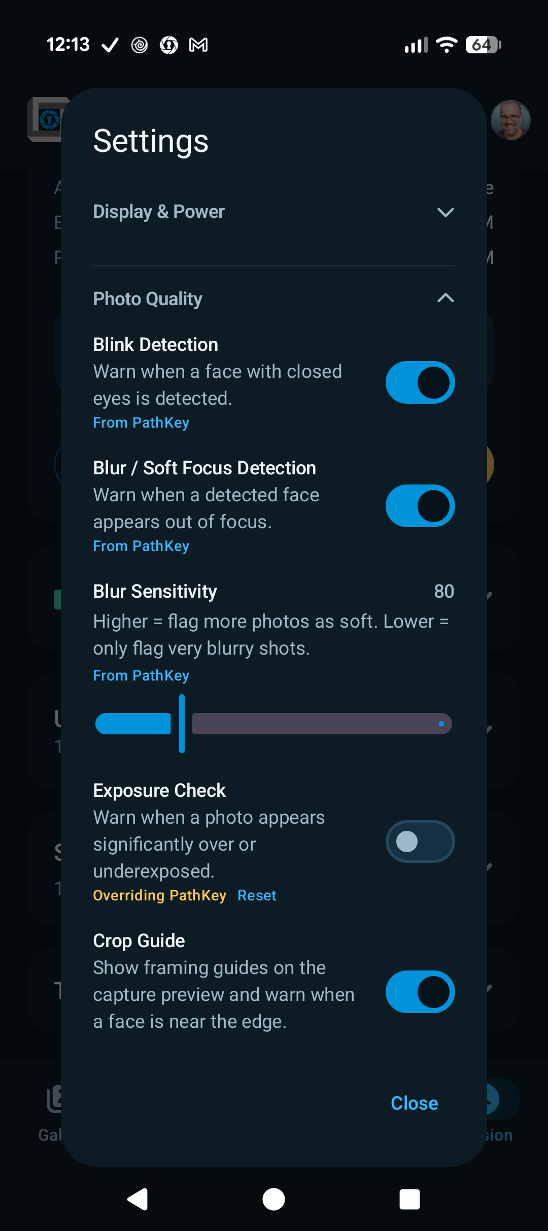 Settings dialog with Photo Quality expanded and PathKey-managed values