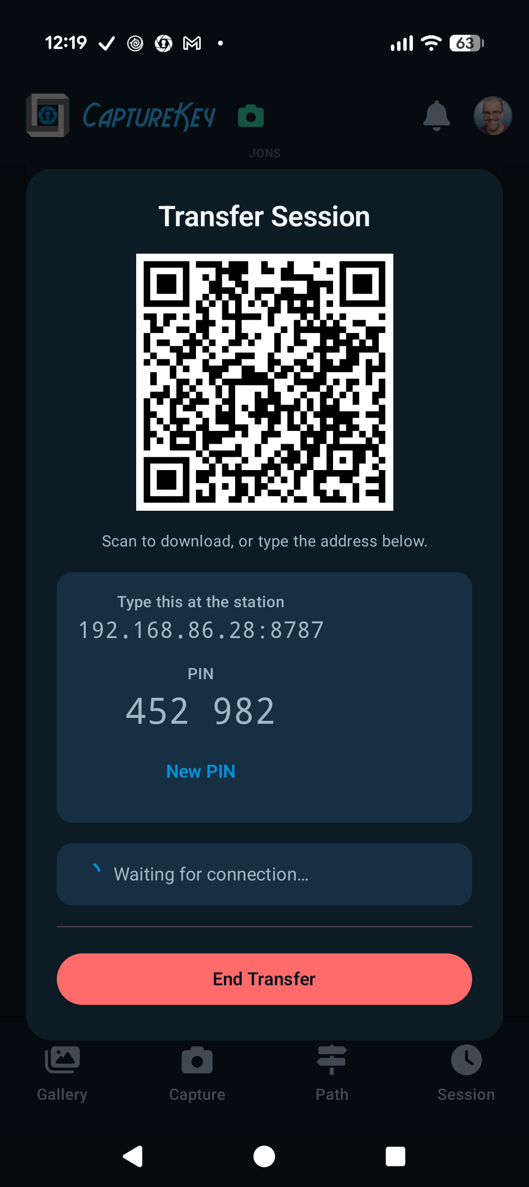 Transfer Session screen with download QR code, station address, PIN, connection status, and End Transfer button