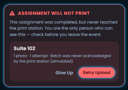 Red ASSIGNMENT WILL NOT PRINT with warning icon, explanatory paragraph, the assignment name with photo/attempt counts, and the Give Up / Retry Upload buttons.